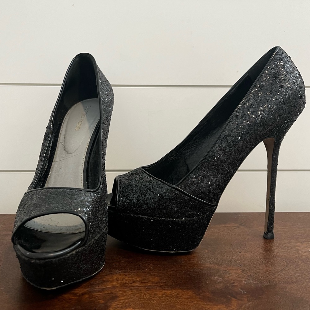 Sergio Rossi sexy black sparkle peep toe stiletto heels with platform